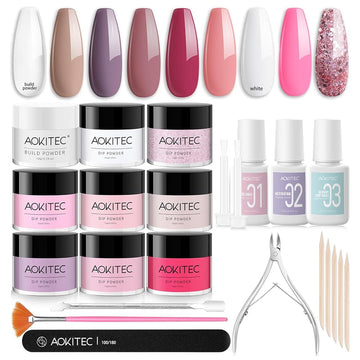 Aokitec White Pink Red Glitter 8+1 Colors Dipping Powder Liquid Set